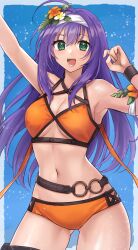 1girls ahoge alternate_costume arm_up bare_shoulders belt bikini black_belt breasts cleavage commentary_request cowboy_shot female female_only fire_emblem fire_emblem:_path_of_radiance fire_emblem:_radiant_dawn fire_emblem_heroes green_eyes hairband hand_up hazuki_(nyorosuke) highres large_breasts long_hair mia_(fire_emblem) mia_(summer)_(fire_emblem) navel nintendo official_alternate_costume orange_bikini orange_swimsuit purple_hair solo standing stomach swimsuit thighs underboob very_long_hair white_hairband