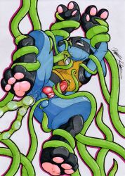 absurd_res anal_egg_implantation animal_genitalia animal_penis anthro balls bodily_fluids canine_genitalia canine_penis egg egg_implantation generation_4_pokemon genital_fluids genitals hi_res knot lucario male male_focus nintendo oviposition penetration penis pokémon_(species) pokemon pokemon_(species) rotten_owl sex simple_background solo_focus tentacle tentacle_penetration tentacle_sex traditional_media_(artwork) white_background