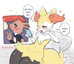 akibun ambiguous_gender anthro big_penis blep braixen canid cellphone cinderace clothed clothing dialogue duo eevee femboy fur generation_1_pokemon generation_6_pokemon generation_8_pokemon genitals gesture heart humanoid_genitalia humanoid_penis inner_ear_fluff lagomorph looking_at_object looking_at_phone male male/male male_only mammal nintendo nude partially_clothed penis penis_on_head phone pokemon pokemon_(species) shirt_collar smartphone tongue tongue_out tuft v_sign yellow_body yellow_fur