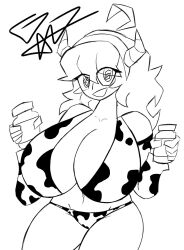 1girls @_@ ahoge bikini cow_horns cow_print cowkini gr8p_ju1ce grapejuicerulez headband hex_maniac holding_object monochrome navel pokemon