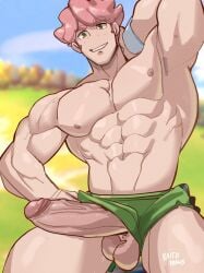 1boy abs arm_behind_head armpit bara biceps big_chest big_cock big_pecs big_penis boner bulging_biceps clothed clothes dick_slip erect_penis erection hard_on huge_chest huge_cock huge_pecs kaito_draws looking_at_viewer male male_only milo_(pokemon) muscles muscular muscular_male on_knees outdoors outside pecs penis_out penis_through_leghole pink_hair pinup pokemon pokemon_ss shorts smooth_chest smooth_skin solo solo_focus solo_male spread_legs uncut veiny_penis