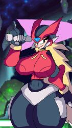 1girls aile artist_request background big_breasts blonde_hair breasts capcom female green_eyes hands_behind_back helmet huge_thighs light-skinned_female light_saber looking_at_viewer mega_man mega_man_zx model_ox rockman_zx smile tagme thick_thighs thighs