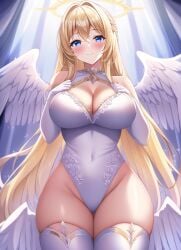 1girls ai_generated angel angel_wings blonde_hair blush cleavage cleavage_cutout curvy elbow_gloves feathered_wings feathers flower_in_hair glint gloves glowing_wings halo hands_on_breasts hands_on_own_chest large_breasts legwear leotard light_rays long_hair looking_at_viewer low_wings novelai original pendant rose_print smile solo sparkle sparkle_background spread_wings stable_diffusion thick_thighs thighhighs thighs very_long_hair white_gloves white_leotard white_thighhighs white_wings wings