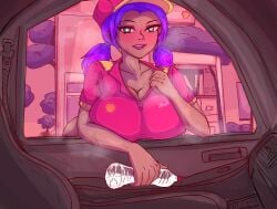 big_breasts car cowgirl_position cum dark_skin green_eyes gyaru hair hikaru_kee(artist) hot_spring purple_hair shower showering showing_breasts showing_off steam sweat sweatdrop sweater sweating tied_hair tied_up twintails wet wet_body wet_clothes wet_shirt wet_skin