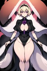 1girls ai_generated bare_legs bare_thighs black_hairband blonde_hair breasts cameltoe cleavage curvy female female_only gardener_ai hairband holding_dress homestuck large_breasts leotard purple_eyes rose_lalonde short_hair solo stable_diffusion thick_thighs wide_hips