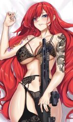 1girls bed_sheet black_bra black_panties bra elly_(vtuber) female female_only green_eyes gun indie_virtual_youtuber light-skinned_female light_skin on_bed panties red_hair rifle solo tattooed_arm tattoos therrao virtual_youtuber weapon white_bed_sheet