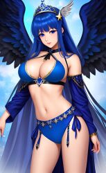 ai_generated assertive assertive_female big_breasts blue_bra blue_clothing blue_eyes blue_hair blue_panties blue_sky crown goddess headwings light-skinned_female light_skin long_hair looking_at_viewer smiling tagme voluptuous wings