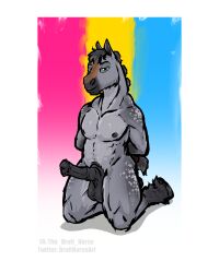 2022 4:5 absurd_res animal_genitalia animal_penis anthro balls black_penis blue_eyes equid equine equine_genitalia equine_penis erection fur genitals grey_body grey_fur hands_behind_back hi_res horse kneeling lgbt_pride male male_only mammal nipples nude pansexual_pride_colors penis pride_colors simple_background solo the_draft_horse white_background