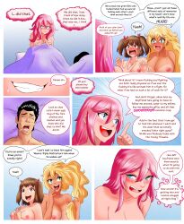 1boy 3girls black_hair blonde_hair blue_eyes blush brown_eyes brown_hair comic drooling embarrassed embarrassed_nude_female english_text exhausted green_eyes huge_breasts pink_hair speech_bubble tan_body tanline themightfenek thought_bubble twintails