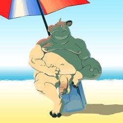 anthro balls beach belly big_belly birdy genitals happy hi_res male mammal moobs navel nipples nude overweight parasol penis proboscis_(anatomy) sand sea seaside shadow smile solo tapir trunk_(anatomy) water