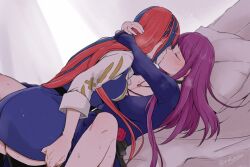 2girls alear_(female)_(divine_attire) alear_(female)_(fire_emblem) alear_(fire_emblem) ass bed between_legs breasts cleavage closed_eyes dress female female_only fingering fire_emblem fire_emblem_engage hug ivy_(fire_emblem) kissing knee_guards large_ass long_hair missionary_position multicolored_hair multiple_girls nintendo pillow purple_hair pussy_juice red_hair split-color_hair sweat two-tone_hair very_long_hair yuri yuuhi_(arcadia)