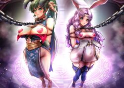 2girls alternate_costume arms_behind_back bare_thighs blue_eyes bondage boots bound bound_wrists breasts breasts_out bunny_ears bunny_girl bunnysuit chain_leash chains cleavage collar corruption crying crying_with_eyes_open dress earrings female female_only femsub fire_emblem fire_emblem:_the_blazing_blade fire_emblem_heroes florina_(fire_emblem) garter_straps green_eyes green_hair hair_ornament heart_pasties huge_breasts leash long_hair looking_at_viewer lyn_(brave_lady)_(fire_emblem) lyn_(fire_emblem) magic magic_circle medium_breasts miyakura_haruto multiple_girls multiple_subs nintendo pasties pelvic_curtain ponytail purple_hair restrained rope rope_between_breasts rope_bondage slave thick_thighs thigh_boots thighs very_long_hair