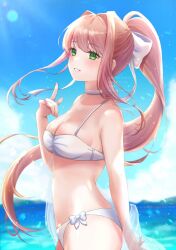 background beach big_breasts bikini bikini_top breasts cute doki_doki_literature_club green_eyes large_breasts looking_at_viewer mitarou_sk monika_(doki_doki_literature_club) ocean ocean_background pointing ponytail standing swimsuit water white_bikini white_bow