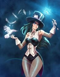 1girls 2020 bird black_hair blue_eyes bolo_tie card dc_comics gloves hourglass_figure leotard long_black_hair long_hair magic_wand opcrom safe safe_for_work sfw thick_thighs top_hat zatanna zatanna_zatara