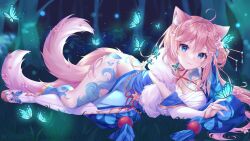 1girls alllisso animal_ears big_breasts blue_eyes butterflies clothed clothing female female_only forest fox_ears fox_tails grass indie_virtual_youtuber insects leahkitties light-skinned_female light_skin looking_at_viewer multiple_tails outside pink_hair smile solo traditional_clothes trees virtual_youtuber