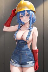 1girls ai_generated blue_eyes blue_hair cleavage clothing denim gloves miner_(soul_knight) miner_helmet mining_helmet overalls overalls_only red_gloves short_hair soul_knight stable_diffusion