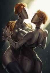 2girls atomic_heart blonde_hair breast_press breasts faceless faceless_female female female_only huge_breasts left_(atomic_heart) right_(atomic_heart) robot robot_girl shirt tagme the_twins_(atomic_heart) thighhighs waligner