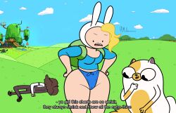 adventure_time backpack bag bent_over cake_the_cat cartoon_network clothed clothing family_guy_death_pose female fionna_and_cake fionna_the_human_girl headwear human mr_valentine00 pale_skin shorts shrink simon_petrikov text thick_legs thick_thighs