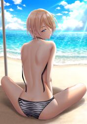 1girls back back_focus bare_arms bare_legs bare_shoulders beach between_legs bikini blonde_hair blue_eyes blue_sky closed_mouth cloud day female from_behind full_body hair_between_eyes hand_between_legs head_tilt hououji_akane indian_style looking_at_viewer looking_back megami_no_kafeterasu ocean official_art outdoors seo_kouji shiny_skin short_hair shoulder_blades sitting sky smile solo striped striped_bikini sunlight swimsuit untied untied_bikini