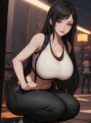 1girls ai_generated black_hair curvy curvy_figure denim_jeans female_focus female_only final_fantasy final_fantasy_vii looking_at_viewer red_eyes solo solo_female stable_diffusion tifa_lockhart voluptuous voluptuous_female