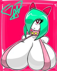 1girls bikini_top gr8p_ju1ce grapejuicerulez green_hair hair_over_one_eye huge_breasts kirlia large_breasts pokemon pokemon_(species) red_eyes signature sling_bikini spiked_collar white_skin