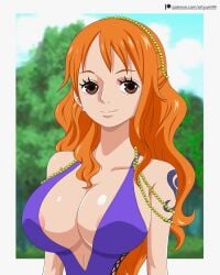 1girls artyum99 breasts cleavage female female_only nami nip_slip nipple_slip nipples one_piece orange_hair post-timeskip tagme