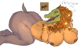 ammit anthro big_breasts breasts brown_eyes crocodile dark_nipples dialogue egyptian_mythology female fluffy girl hipoppotamus in_heat invalid_tag lighting lion red_hair tagme wildcraft