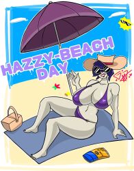 1girls beach beach_towel beach_umbrella bikini blue_sky english_text female_only gr8p_ju1ce grapejuicerulez hair_over_eyes hat lipstick mole navel painted_toenails picnic_basket purple_hair signature solo sponge spongebob_reference starfish sun sunglasses sunscreen umbrella