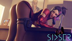 bent_over black_hair demi_(fortnite) fishnet_legwear fishnet_pantyhose fishnets fortnite fortnite:_battle_royale leg_holster pantyhose red_eyes sixser