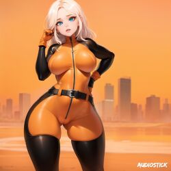 ai_generated audiostick belt blue_eyes bodysuit breasts cameltoe drew_saturday gloves hand_on_hip hi_res high_resolution highres latex looking_at_viewer medium_breasts medium_hair skin_tight skintight skyscraper stable_diffusion the_secret_saturdays tight_fit watermark white_hair wide_hips zipper