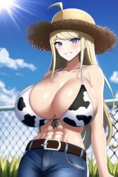 abs ai_generated akamatsu_kaede belt blonde_hair blush bra cleavage cow_print_bra danganronpa gigantic_breasts jeans long_blonde_hair long_hair new_danganronpa_v3 novelai purple_eyes smile straw_hat