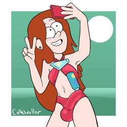 1futa balls big_penis breasts brown_hair clothed clothing cothswoller erection futa_only futanari gravity_falls human light-skinned_futanari light_skin long_hair mostly_nude orange_hair peace_sign penis red_hair selfie smile solo source_request standing straight_hair swimsuit v_sign wendy_corduroy