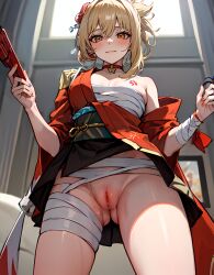 1girls ai_generated genshin_impact pussy pussy_juice rhott solo stable_diffusion yoimiya_(genshin_impact)