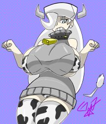 blue_eyes bra_peek breasts_bigger_than_head collar cow_horns cow_print cow_tail cowbell dotted_background earrings fist gr8p_ju1ce grapejuicerulez hair_over_one_eye horn huge_breasts looking_down melony_(pokemon) pantyshot pokemon pokemon_ss signature sweater thighhighs white_hair