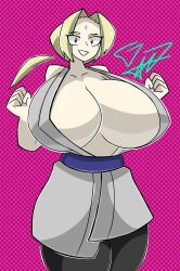 black_legwear blonde_hair brown_eyes clothing dotted_background forehead_mark gr8p_ju1ce grapejuicerulez huge_breasts light-skinned_female light_skin looking_at_viewer naruto open_clothes short_hair signature tsunade