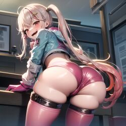 ai_generated ass ass_focus blush cameltoe female fingerless_gloves from_behind from_below gloves goddess_of_victory:_nikke huge_ass jackal_(nikke) jacket long_hair looking_at_viewer looking_down multicolored_hair open_mouth pink_hair sharp_teeth shiny shiny_clothes shiny_hair shiny_skin short_shorts shorts silver_hair smile solo thick_thighs very_long_hair