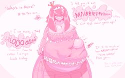 ambiguous_gender ambiguous_prey belly big_belly blush burp crown dialogue female_pred frowning hair_covering_eye implied_digestion pink_hair ripping_clothing royalty vore vore_belly