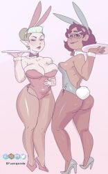 2girls big_breasts bowtie brown_hair brown_skin bunny_ears bunny_tail bunnysuit camila_noceda chocolate_and_vanilla curvaceous curvy curvy_female curvy_figure fuax_goode glasses green_hair holding_plate latina latina_milf milf multiple_girls nipple_peek odalia_blight pale_skin straight_hair the_owl_house thick_thighs