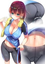 1girls 2020 :o ai-chan_(tawawa) aqua_eyes asahina_hikage ass bike_jersey bike_shorts black_shorts blush braid breasts cameltoe cleavage clothes_lift clothes_writing collarbone commentary_request copyright_name fanning_face fanning_self female getsuyoubi_no_tawawa gluteal_fold highres large_breasts lifted_by_self looking_at_viewer multiple_views navel parted_lips red_hair short_hair shorts side_braid skin_tight steam stomach striped striped_shorts sweat towel towel_around_neck trefoil vertical-striped_shorts vertical_stripes wide_hips