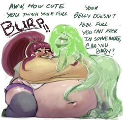 2girls belch belching big_belly big_breasts bloated bloated_belly breasts burp burping burping_in_face fat_fetish feederism feeding female female_only food_fetish slime_girl stuffing text thesonier103 weight_gain yuri