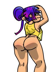 ass ass_focus back_view behind bottomless effectively_nude eyelashes glitch_techs lewd_face looking_back looking_back_at_viewer miko_kubota purple_hair rear_view see-through_clothing see-through_top smug solo solo_female sunnie