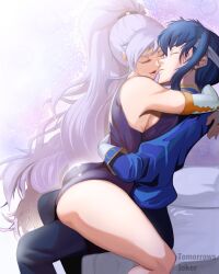 1boy 1girls arms_around_back arms_around_neck ass bare_shoulders big_ass blue_hair breasts closed_eyes couple elbow_gloves female fire_emblem fire_emblem:_genealogy_of_the_holy_war gloves headband highres hug imminent_kiss ishtar_(fire_emblem) kissing long_hair male nintendo ponytail purple_hair romantic romantic_couple seliph_(fire_emblem) thighs tomorrowsjoker very_long_hair wholesome