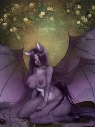 1girls anthro areolae artist_name artist_signature bat_wings big_breasts breasts commission equine female female_only hair_over_one_eye hi_res hooves horse_ears kneeling liokko_mao long_hair looking_at_viewer nipples nude nude_female one_eye_closed purple_body purple_hair sharp_fingernails solo tail thick_thighs very_long_hair wings