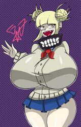 1girls blonde_hair button_down_shirt dotted_background fangs female_only gr8p_ju1ce grapejuicerulez hair_bun himiko_toga huge_breasts my_hero_academia open_mouth sailor_collar school_uniform signature skirt solo thick_thighs yellow_eyes