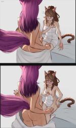 1futa 1girls animal_ears areolae back back_view big_breasts big_penis breasts brown_hair cat_ears cat_tail catgirl duo erection erochi female final_fantasy final_fantasy_xiv futa_on_female futanari high-angle_view humanoid humanoid_penis kemonomimi light-skinned_female light-skinned_futanari light_skin long_hair miqo'te nipples nude penis purple_hair sitting standing towel