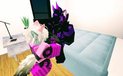 3d bed blowjob blue_eyes domination duo femboy furry glowing kneeling male/male male_only moltenend on_floor pink_penis plant protogen purple_eyes purple_fur purple_hair purple_penis roblox robloxian self_upload sitting_on_bed smiling tagme white_hair