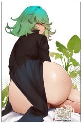 1girls absurdres ass black_dress closed_mouth dat_ass dress female from_behind green_eyes green_hair highres hu_dako long_sleeves looking_at_viewer looking_back one-punch_man patreon_username pussy_juice short_hair sitting solo sweat tatsumaki