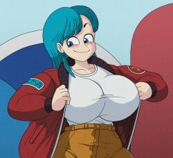 2021 alternate_breast_size big_breasts big_smile blindstash blue_eyes blue_hair blush breasts bulma bulma_briefs canonical_scene clothed clothing dragon_ball dragon_ball_(classic) female huge_breasts large_breasts no_bra open_hoodie redraw smug solo stretched_clothing teenage_bulma teenager