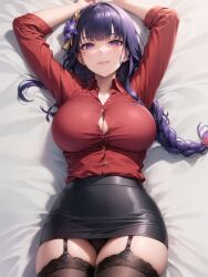 1girls ai_generated blush breasts clothed clothed_female female garter_straps genshin_impact jordan53 large_breasts long_hair lying_on_back microskirt office_lady pantyshot pantyshot_(lying) purple_eyes purple_hair raiden_shogun short_skirt skirt smile stable_diffusion stockings thick_thighs wide_hips