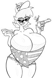 1girls american_flag collarbone earrings female female_only firearm gr8p_ju1ce grapejuicerulez gun handgun hat hot_dog huge_breasts jean_shorts looking_at_viewer milf monochrome revolver sharp_teeth short_hair signature solo sunglasses thick_thighs weapon